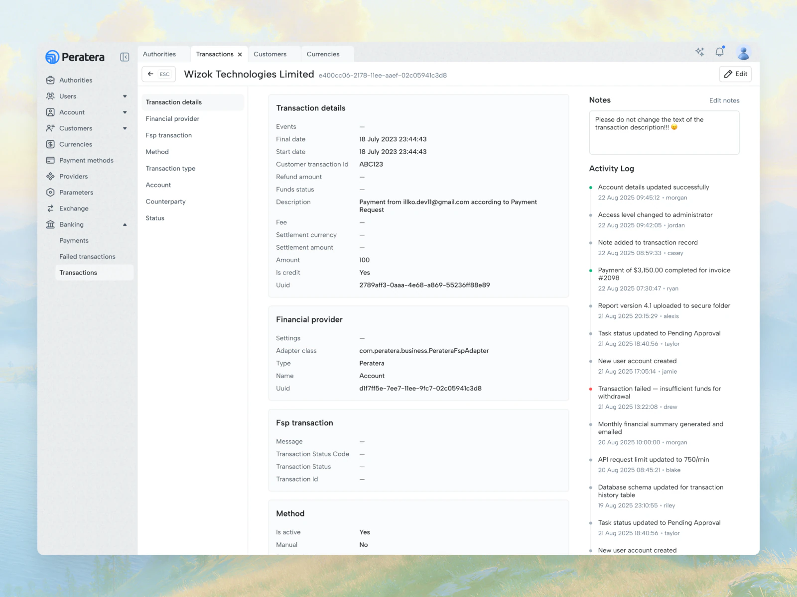 Peratera admin: transaction record with notes and activity log