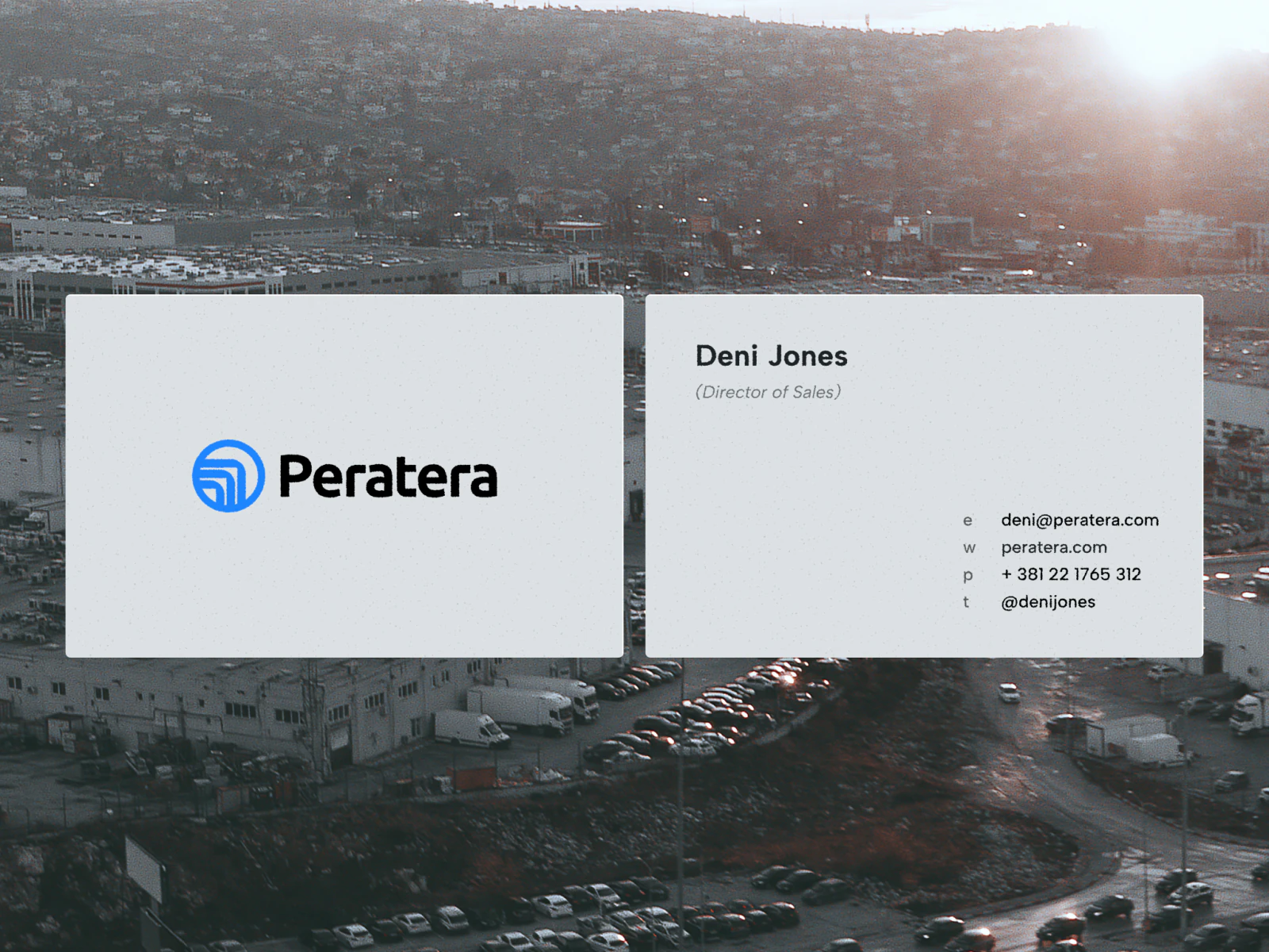 Peratera brand: business cards with the mark, wordmark and contact details